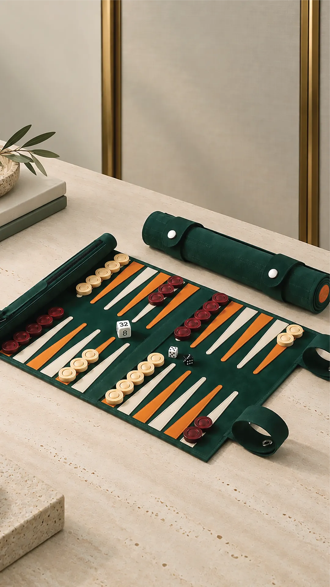 Melia Games green leather backgammon roll